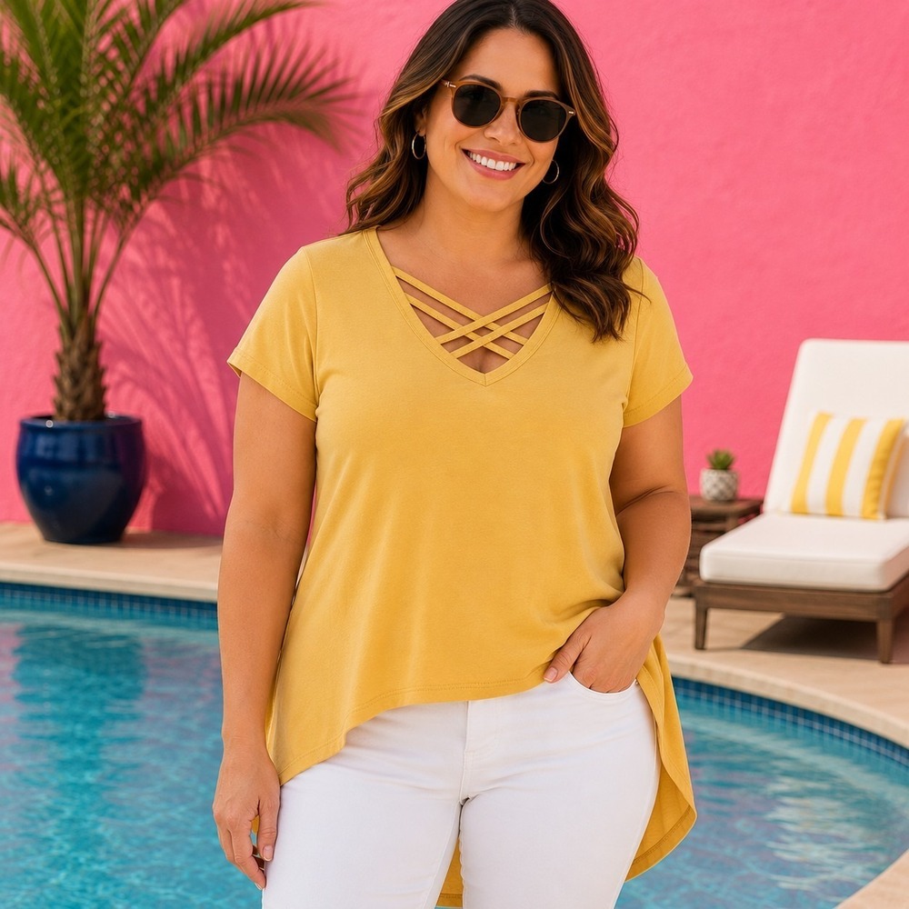 Splash Women's 1X Hi-Lo Plus Top Mustard Lattice Neck Boho Coastal Boutique Chic